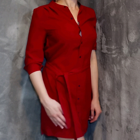 Piano Red Summer Dress Button Up Belted - Picture 1 of 2